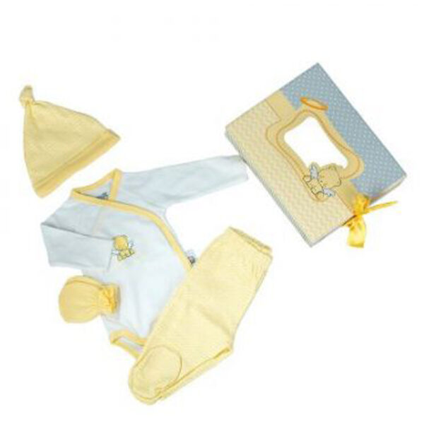 Kikkaboo ajándékszett újszülötteknek (body, nadrág, sapka, kesztyű) Little Angel sárga